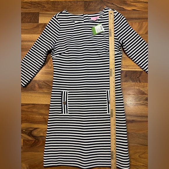 Lilly Pulitzer Charlene Dress S Navy White Ottoman Stripe Pockets Gold Buttons - Picture 4 of 10